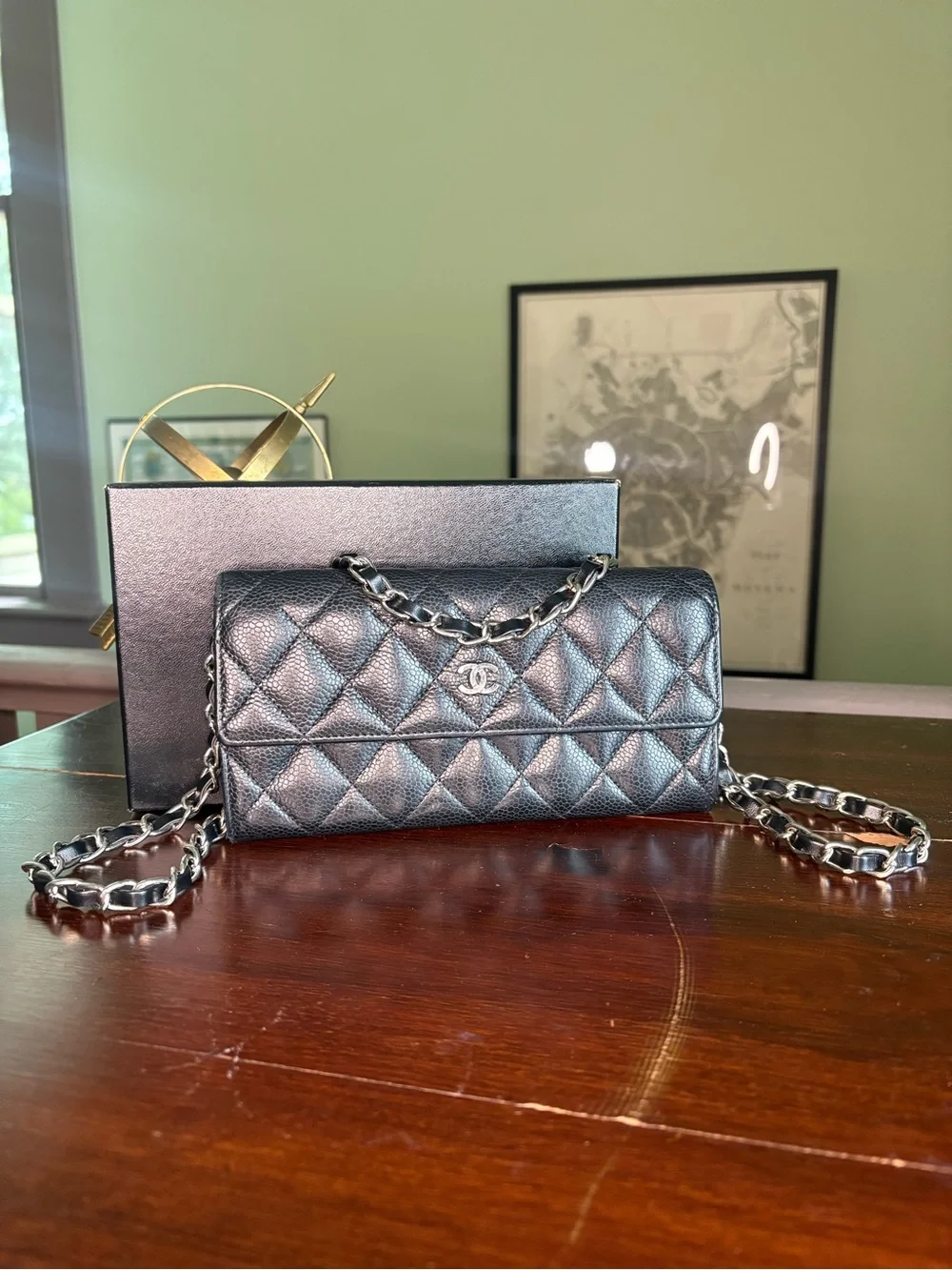 CHANEL Black Quilted Silver Hardware Wallet with Added Chain